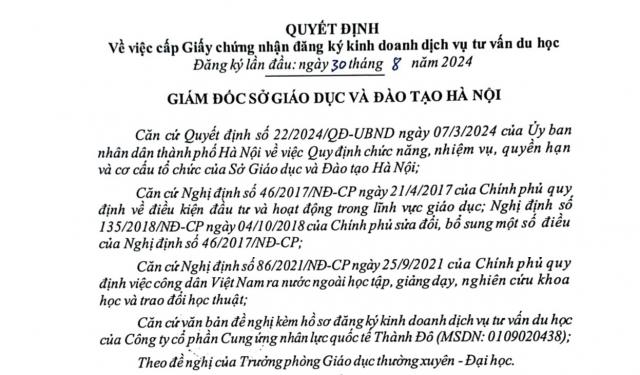 CÔNG TY THÀNH ĐÔ NHẬN GIẤY PHÉP HOẠT ĐỘNG DỊCH VỤ TƯ VẤN DU HỌC