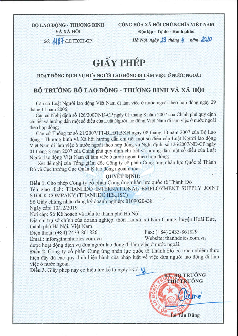 Công ty XKLĐ Thành Đô đã được Bộ Lao động Thương Binh và Xã hội cấp giấy phép hoạt động